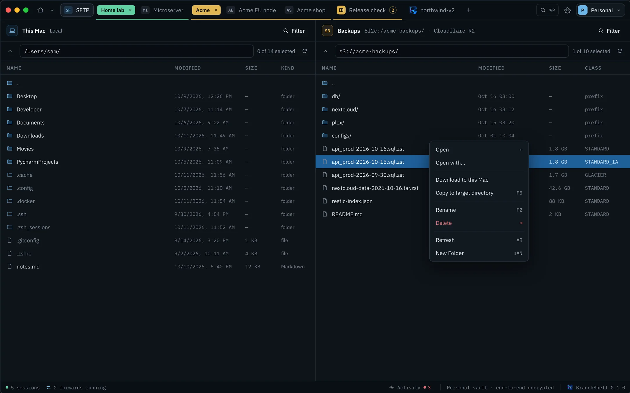 A Cloudflare R2 bucket open in the BranchShell SFTP tab with the right-click menu on a backup file
