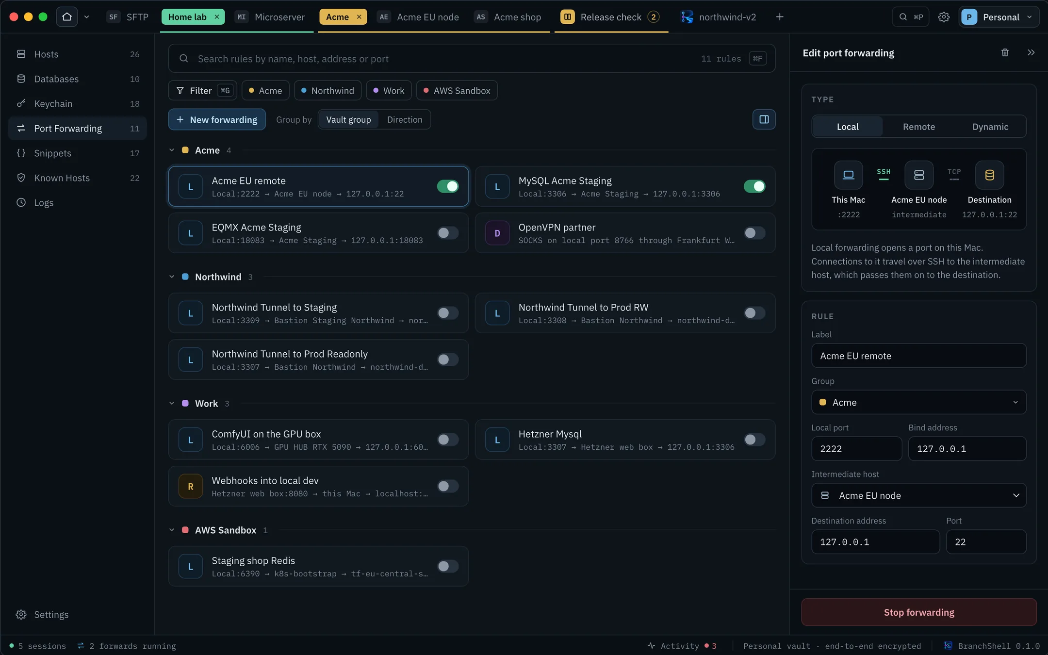 The BranchShell Port Forwarding view with a running local rule being edited in the side panel