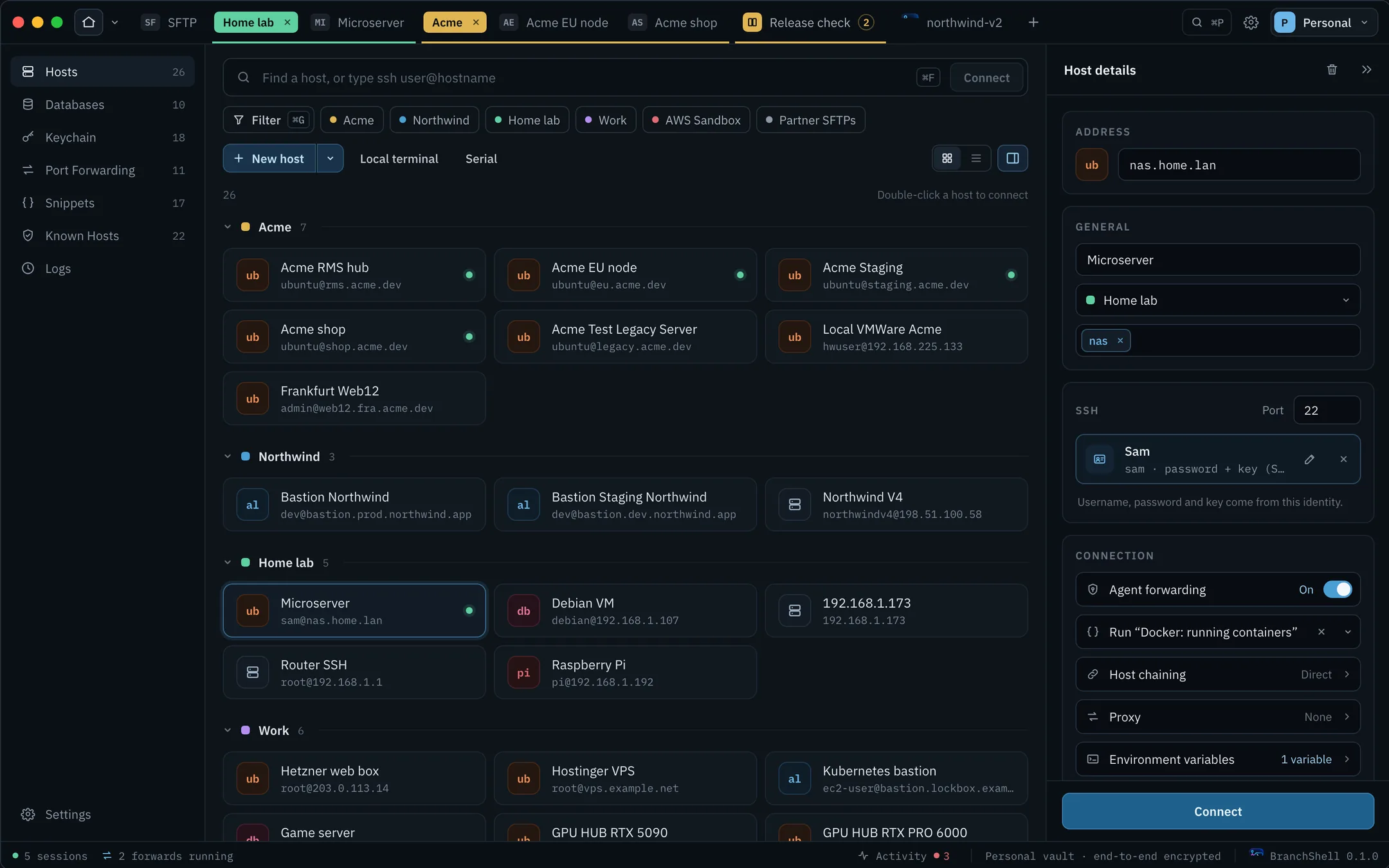 The BranchShell Hosts view with a Microserver host selected and its details panel open on the right