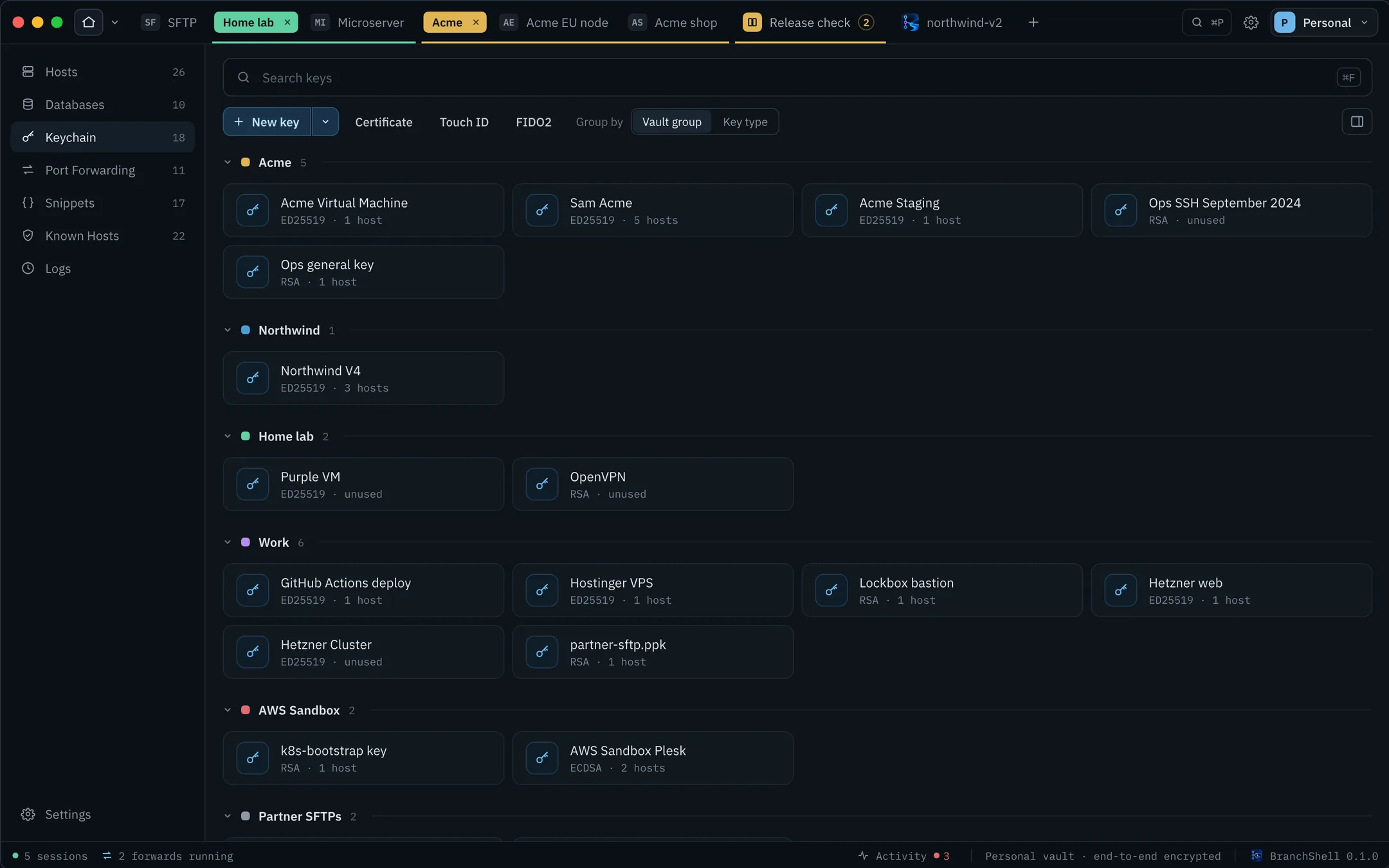 The BranchShell Keychain view listing keys by vault group with their type and how many hosts use each