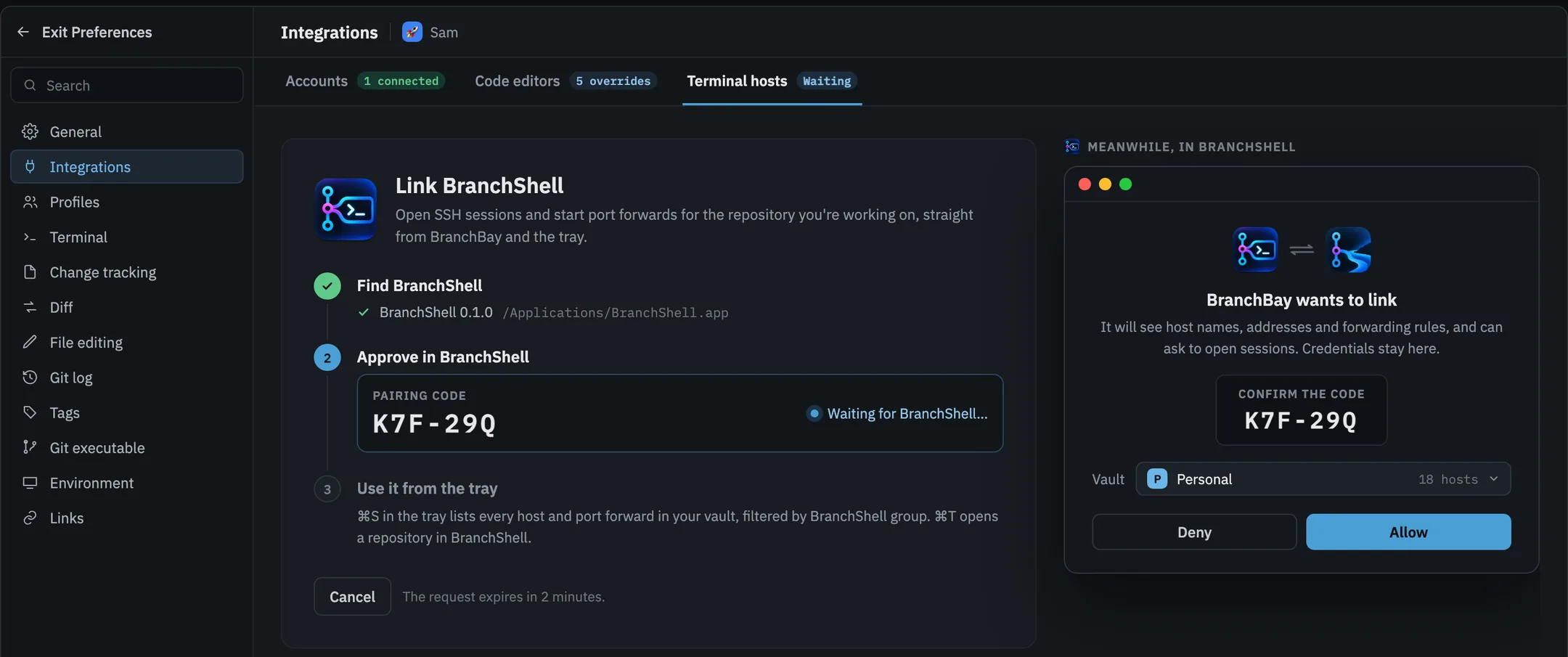 BranchBay's Terminal hosts preferences showing a pairing code while BranchShell asks to allow the link