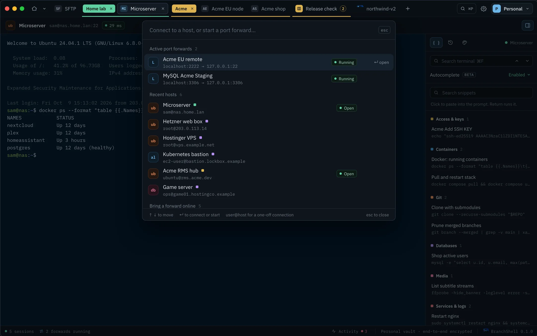 The BranchShell command palette listing running forwards, recent hosts and forwards to start