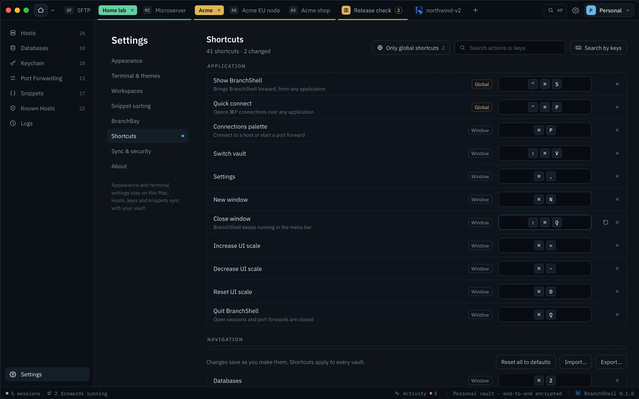 The BranchShell Shortcuts settings listing application shortcuts with one being remapped
